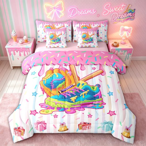 meiyoeat Pink Ice Cream Baseball Twin Bedding for Girls, Drip Sport Sneaker Bat Bedding Comforter Set, Pink Reversible, 7 Pieces