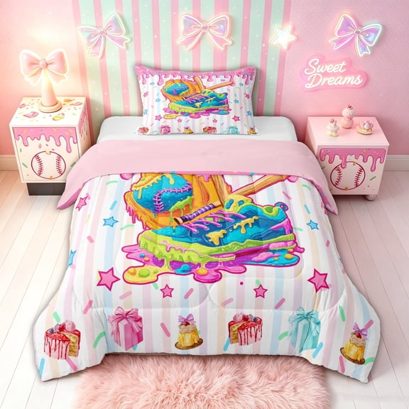 meiyoeat Pink Ice Cream Baseball Twin Comforter Sets for Girls, Drip Sport Sneaker Bat Bedding Set, Pink Reversible, 2 Pieces, 1 Comforter and 1 Pillowcase