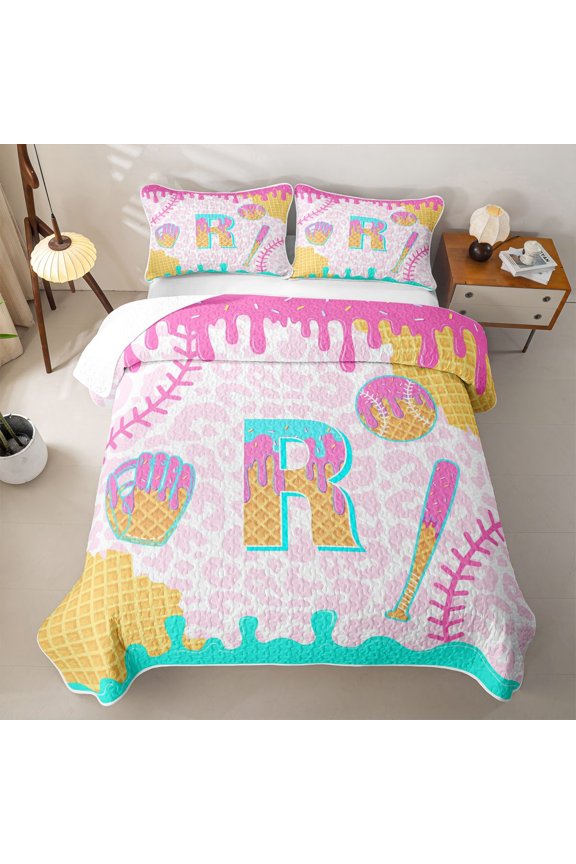 Pink Ice Cream Drip Quilt Full For Girls,Multicolor Baseball Theme R Letter Print Full Bedspread Sets,3 Pieces