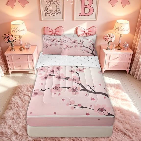 meiyoeat Pink Japanese Cherry Blossom Zipper Twin Comforter Sets with Fitted Sheet and 2 Pillowcases for Kids Girls, Watercolor Floral Flower Zipper Bedding Set, ReversibleG