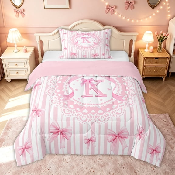 meiyoeat Pink K Monogram Twin Comforter Sets for Kids Girls, Princess Bow Lace Bedding Set for Bedroom, Pink Reversible, 2pcs