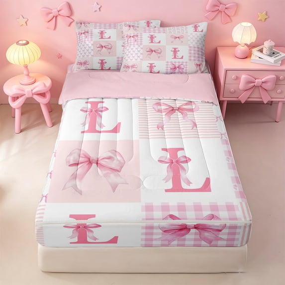 meiyoeat Pink Kawaii Bow Zipper Twin Comforter Sets with Fitted Sheet and 2 Pillowcases For Girls,Modern Personalized Initial L Zipper Bedding Set For Kids,Pink Reversible,4 Pieces