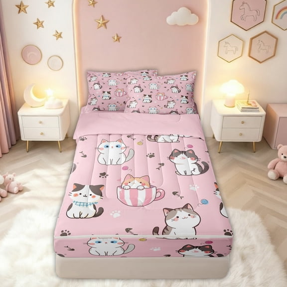 meiyoeat Pink Kawaii Cat Zipper Twin Comforter Sets with Fitted Sheet and 2 Pillowcases for Kids Girls, Cute Kitten Animal Zipper Bedding Set, Pink ReversibleG
