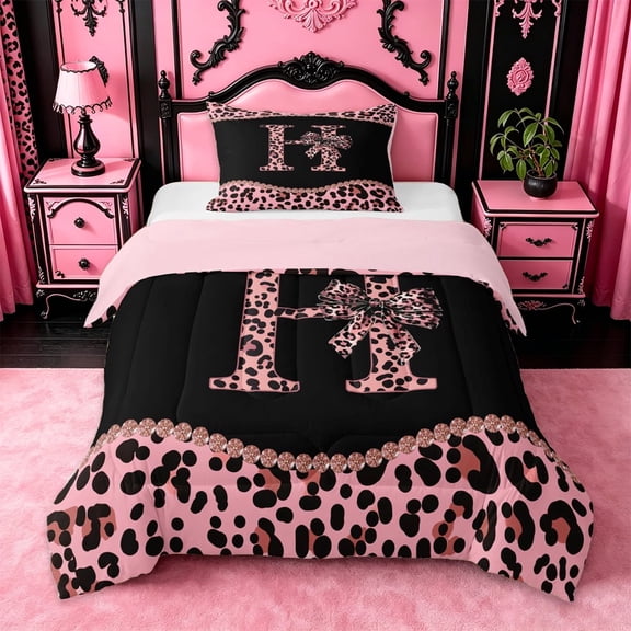 meiyoeat Pink Leopard Animal Print Twin Comforter Sets,Fashion Cheetah Bow Alphabet H Bedding Set For Kids,pink Reversible,2pcs