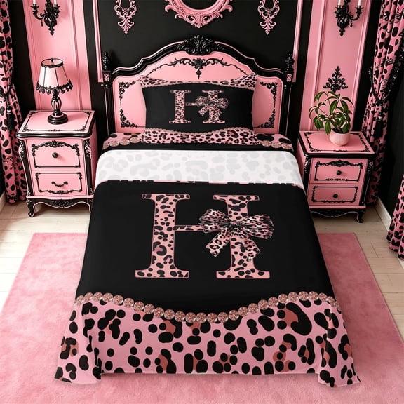 meiyoeat Pink Leopard Animal Print Twin Sheet Sets,Fashion Cheetah Bow Alphabet H Bedding For Kids,3pcs