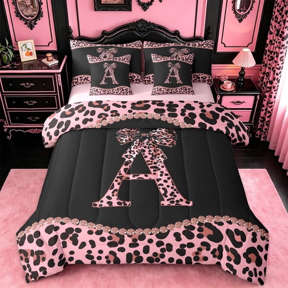 meiyoeat Pink Leopard Print 7-Piece Twin Bedding Sets For Girls,Chic Cheetah Bow Monogram A Bedding Comforter Set For Kids,pink Reversible