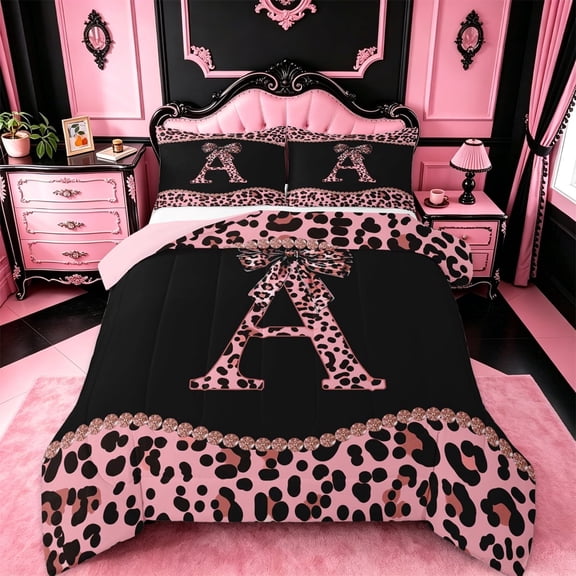 meiyoeat Pink Leopard Print Full Size Comforter Sets For Girls,Chic Cheetah Bow Monogram A Bedding Sets For Kids,pink Reversible,3 Pieces