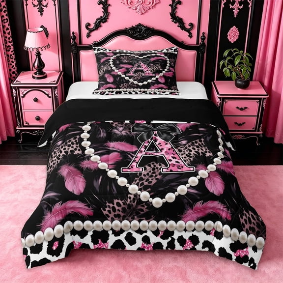 meiyoeat Pink Leopard Print Monogrammed Twin Comforter Sets For Girls,Cheetah Personalized Initial A Twin Comforter Sets For Women,black Reversible,2 Pieces