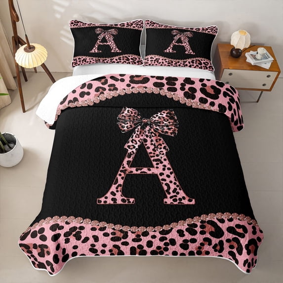 meiyoeat Pink Leopard Print Quilt Full For Girls,Chic Cheetah Bow Monogram A Full Bedspread Sets For Kids,3-Piece