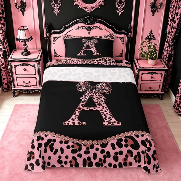 meiyoeat Pink Leopard Print Twin Sheet Sets For Girls,Chic Cheetah Bow Monogram A Bedding For Kids,3-Piece
