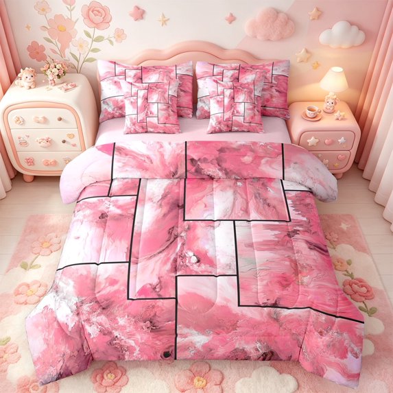 meiyoeat Pink Marble Patchwork Art 7-Piece Twin Bedding,Abstract Geometric Print Bedding Comforter Set,Pink Reversible