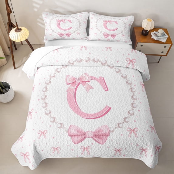 meiyoeat Pink Monogram Bow Quilt Full For Kids,Girls Ribbon Bowknot Letter C Full Bedspread Sets Bowtie Lovers,3-Piece