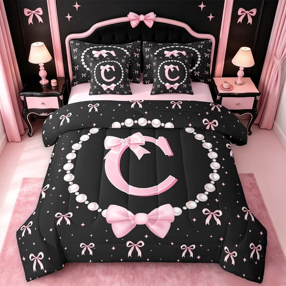 meiyoeat Pink Monogram Bowknot 7-Piece King Bedding For Kids,Girls Ribbon Bow Letter C King Bed In A Bag Bowtie Lovers,Pink Reversible