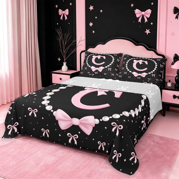 meiyoeat Pink Monogram Bowknot Bed Sheets For Kids,Girls Ribbon Bow Letter C Full Size Sheets Bowtie Lovers,4 Pieces