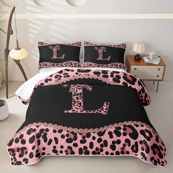 meiyoeat Pink Monogram L Twin Quilt Set For Girls,Fashion Leopard Pattern Twin Coverlet Set For Kids,2 Pieces