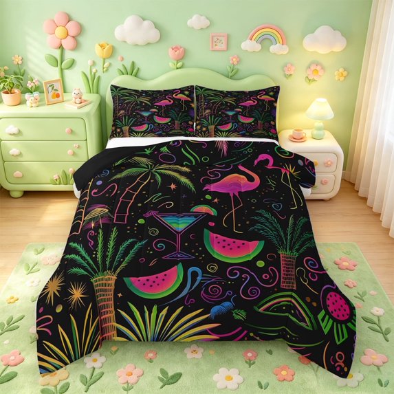 meiyoeat Pink Neon Flamingo Full Size Comforter Sets For Girls,Tropical Cartoon Palm Tree Bedding Comforter Set,Black Reversible,3pcs,1 Comforter and 2 Pillowcases