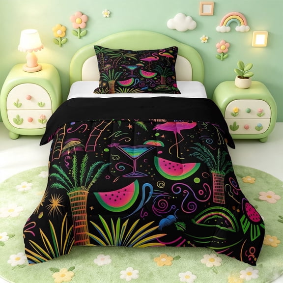 meiyoeat Pink Neon Flamingo Twin Comforter Sets For Girls,Tropical Cartoon Palm Tree Bedding Set,Black Reversible,2 Pieces,1 Comforter and 1 Pillowcase