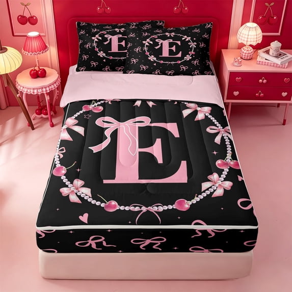 meiyoeat Pink Personalized Initial E Zipper Full Size Comforter Sets With Fitted Sheet And 2 Pillowcases,Princess Bow Zipper Bedding Set For Girl,Pink Reversible,4-Piece