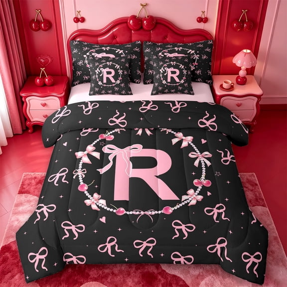 meiyoeat Pink Personalized Initial R 7 Pieces Full Size Bedding Sets,Princess Bowknot Full Size Bed in a Bag For Girl,Pink Reversible