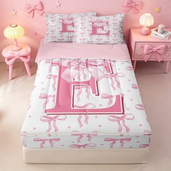 meiyoeat Pink Personalized Monogram Print Zipper Full Size Comforter Sets with Fitted Sheet and 2 Pillowcases For Girls,Cartoon Bow Initial E Zipper Bedding Set For Kids,pink Reversible,4-Piece