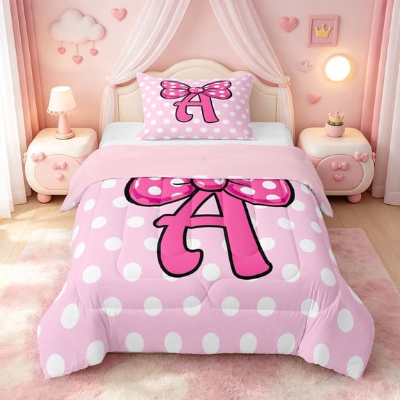 meiyoeat Pink Polka Dot Bow Monogram A Twin Comforter Sets For Girls,Cute Initial Design Bedding Set,Pink Reversible,2-Piece,1 Comforter and 1 Pillowcase