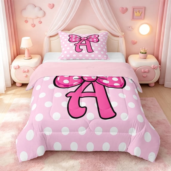 meiyoeat Pink Polka Dot Bow Monogram A Twin Comforter Sets For Girls,Cute Initial Design Bedding Set,Pink Reversible,2-Piece,1 Comforter and 1 Pillowcase