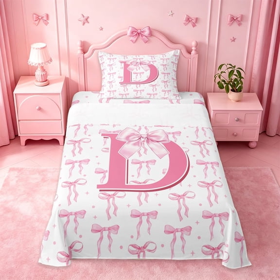 meiyoeat Pink Princess Bow Twin Sheet Sets For Girls,Bowknot Initial Print D Alphabet Bedding For Kids,3pcs