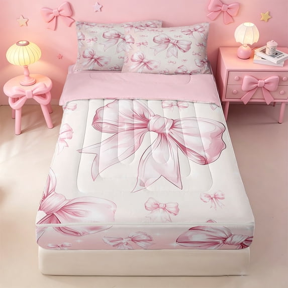 meiyoeat Pink Princess Bowknot Zipper Twin Comforter Sets with Fitted Sheet and 2 Pillowcases For Girls,Modern Bow Tie Zipper Bedding Set For Kids,Pink Reversible,4 Pieces