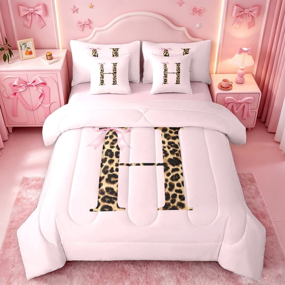 meiyoeat Pink Print Alphabet 7-Piece Twin Bedding,Cheetah Bow Tie Initial Design Bedding Comforter Set For Girl,Pink Reversible