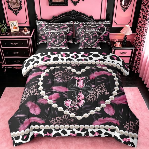 meiyoeat Pink Print Feather 7-Piece Twin Bedding Sets For Women,Dreamy Princess Style Alphabet J Bedding Comforter Set For Adults,black Reversible