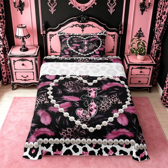 meiyoeat Pink Print Feather Twin Sheet Sets For Women,Dreamy Princess Style Alphabet J Bedding For Adults,3 Pieces