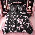 thumbnail image 1 of meiyoeat Pink Ribbon Bow 7-Piece King Bedding For Kids,Cute Minimalist Bow King Bed In A Bag For Girls,Black Reversible, 1 of 7