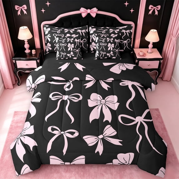 meiyoeat Pink Ribbon Bow 7-Piece King Bedding For Kids,Cute Minimalist Bow King Bed In A Bag For Girls,Black Reversible