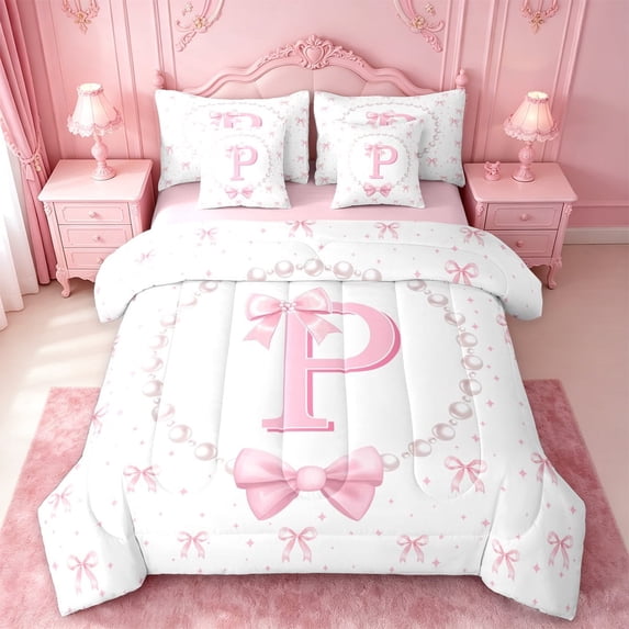 meiyoeat Pink Ribbon Bow 7 Pieces Full Size Bedding Sets For Girls,Lovely Bowknot Alphabet Print P Full Size Bed in a Bag For Kids,Pink Reversible