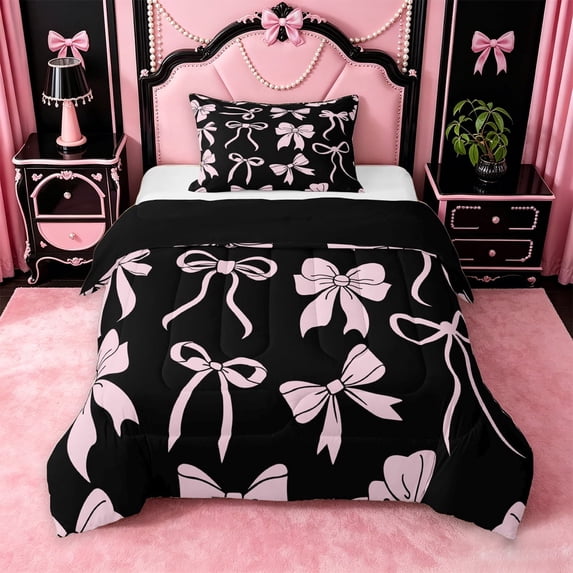 meiyoeat Pink Ribbon Bow Twin Comforter Sets For Kids,Cute Minimalist Bow Bedding Set For Girls,Black Reversible,2 Pieces