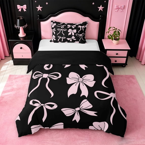 meiyoeat Pink Ribbon Bow Twin Duvet Cover For Kids,Cute Minimalist Bow Twin Bedding For Girls,Black Reversible,2 Pieces(No Comforter)