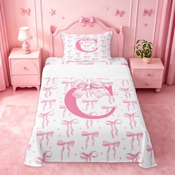 meiyoeat Pink Ribbon Bow Twin Sheet Sets For Bowknot Lovers,Girls Personalized Monogrammed C Gifts Bedding Kids,3 Pieces