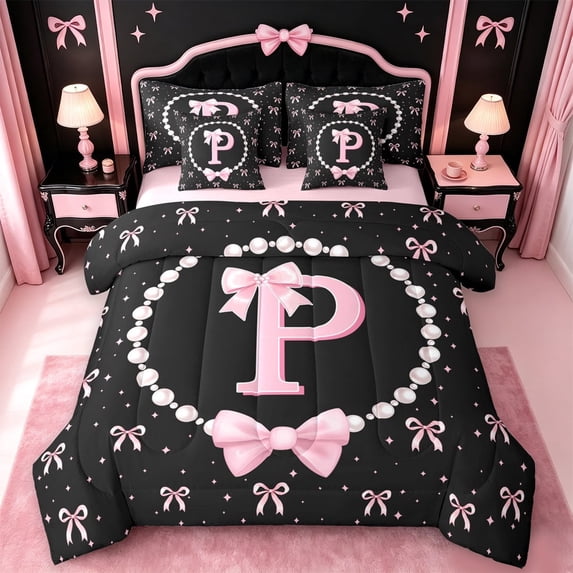 meiyoeat Pink Ribbon Bowknot 7-Piece Twin Bedding For Girls,Lovely Bowtie Alphabet Print P Bedding Comforter Set For Kids,Pink Reversible