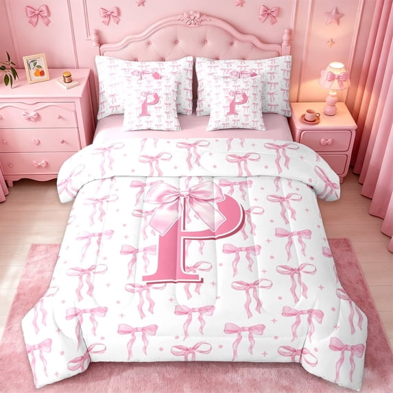 meiyoeat Pink Ribbon Bowknot 7 Pieces Bedding Comforter Set For Bow Lovers,Girls Personalized Monogrammed P Gifts Full Bedding Set Kids,pink Reversible