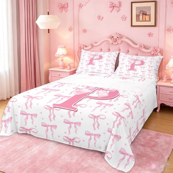 meiyoeat Pink Ribbon Bowknot King Sheets For Bow Lovers,Girls Personalized Monogrammed P Gifts Bedding Kids,4 Pieces