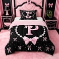 thumbnail image 1 of meiyoeat Pink Ribbon Bowknot Twin Comforter Sets For Girls,Lovely Bowtie Alphabet Print P Bedding Set For Kids,Pink Reversible,2pcs, 1 of 7