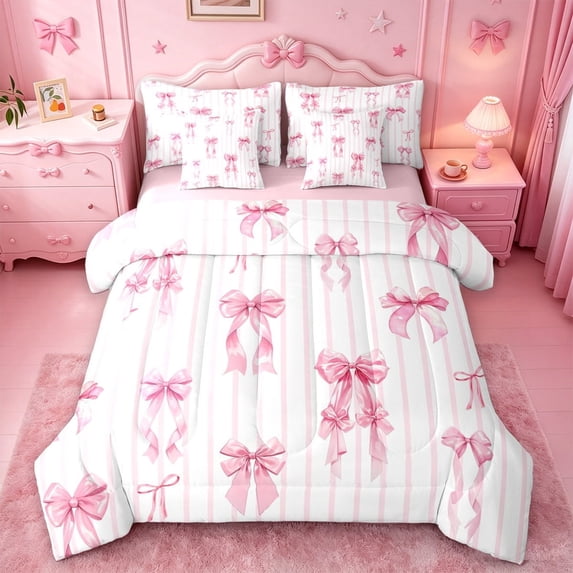 meiyoeat Pink Ribbon Bowknots 7 Pieces Full Size Bedding Sets For Girls,Modern Geometric Lines Art Full Size Bed in a Bag For Kids,Pink Reversible