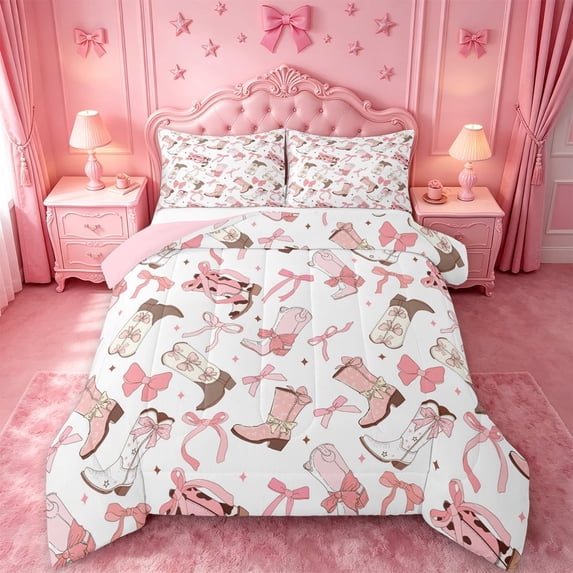 meiyoeat Pink Ribbon Bows Full Size Comforter Sets For Girls,Fashion Western Cowgirl Boots Bedding Comforter Set For Kids,Pink Reversible,3-Piece