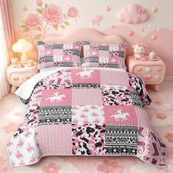 meiyoeat Pink Rustic Camouflage Twin Quilt Set,Western Cowgirl Boots Print Twin Coverlet Set For Girl,2pcs,1 Bedspread and 1 Pillowcase