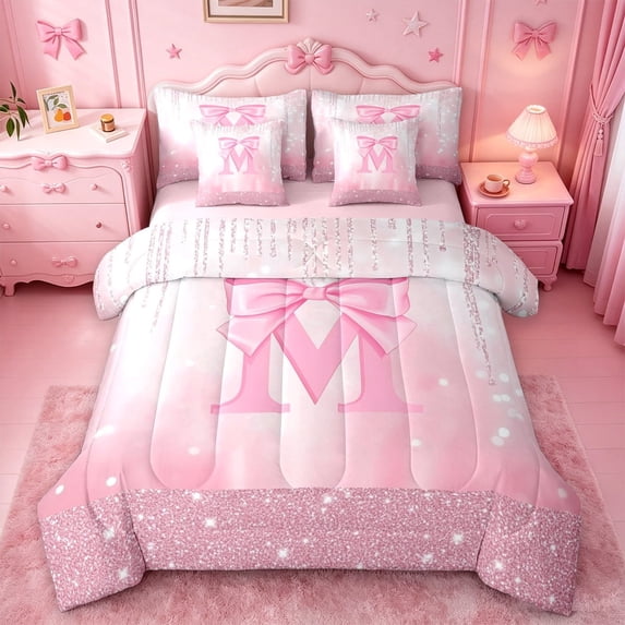 meiyoeat Pink Sequin Print 7 Pieces Full Size Bedding Sets For Girls,Ribbon Bowknot Alphabet Print M Full Size Bed in a Bag For Kids,Pink Reversible