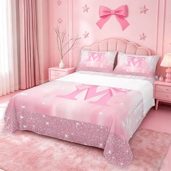 meiyoeat Pink Sequin Print Bed Sheets For Girls,Ribbon Bowknot Alphabet Print M Full Size Sheets For Kids,4-Piece