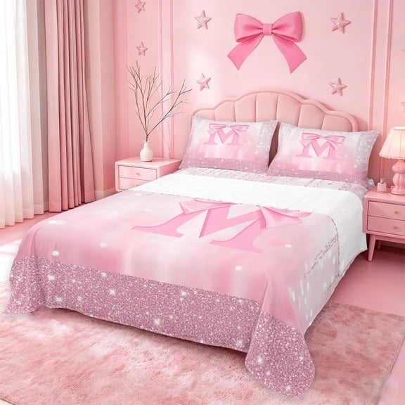 meiyoeat Pink Sequin Print Bed Sheets For Girls,Ribbon Bowknot Alphabet Print M Full Size Sheets For Kids,4-Piece