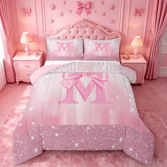 meiyoeat Pink Sequin Print Full Size Comforter Sets For Girls,Ribbon Bowknot Alphabet Print M Bedding Comforter Set For Kids,Pink Reversible,3-Piece