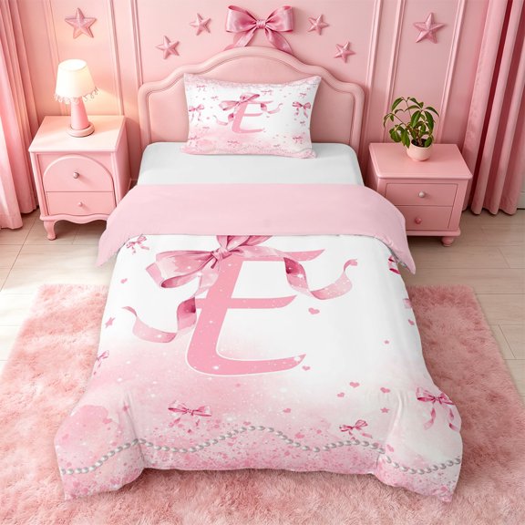 meiyoeat Pink Sequin Print Initial E Twin Duvet Cover,Pearl Bow Monogram Art Twin Bedding For Girl,Pink Reversible,2-Piece,1 Duvet Cover and 1 Pillowcase