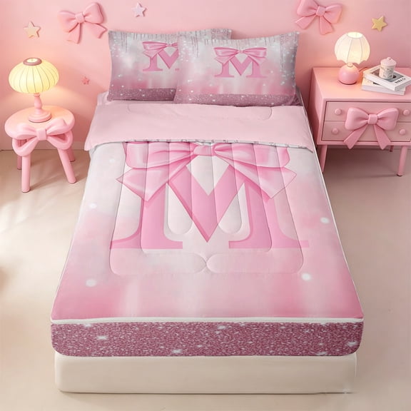 meiyoeat Pink Sequin Print Zipper Twin Comforter Sets with Fitted Sheet and 2 Pillowcases For Girls,Ribbon Bowknot Alphabet Print M Zipper Bedding Set For Kids,Pink Reversible,4-Piece